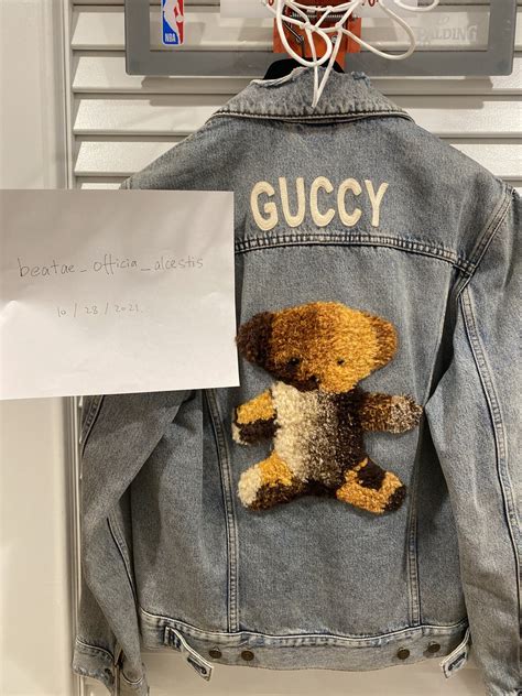 gucci denim jacket teddy bear|harry styles gucci model.